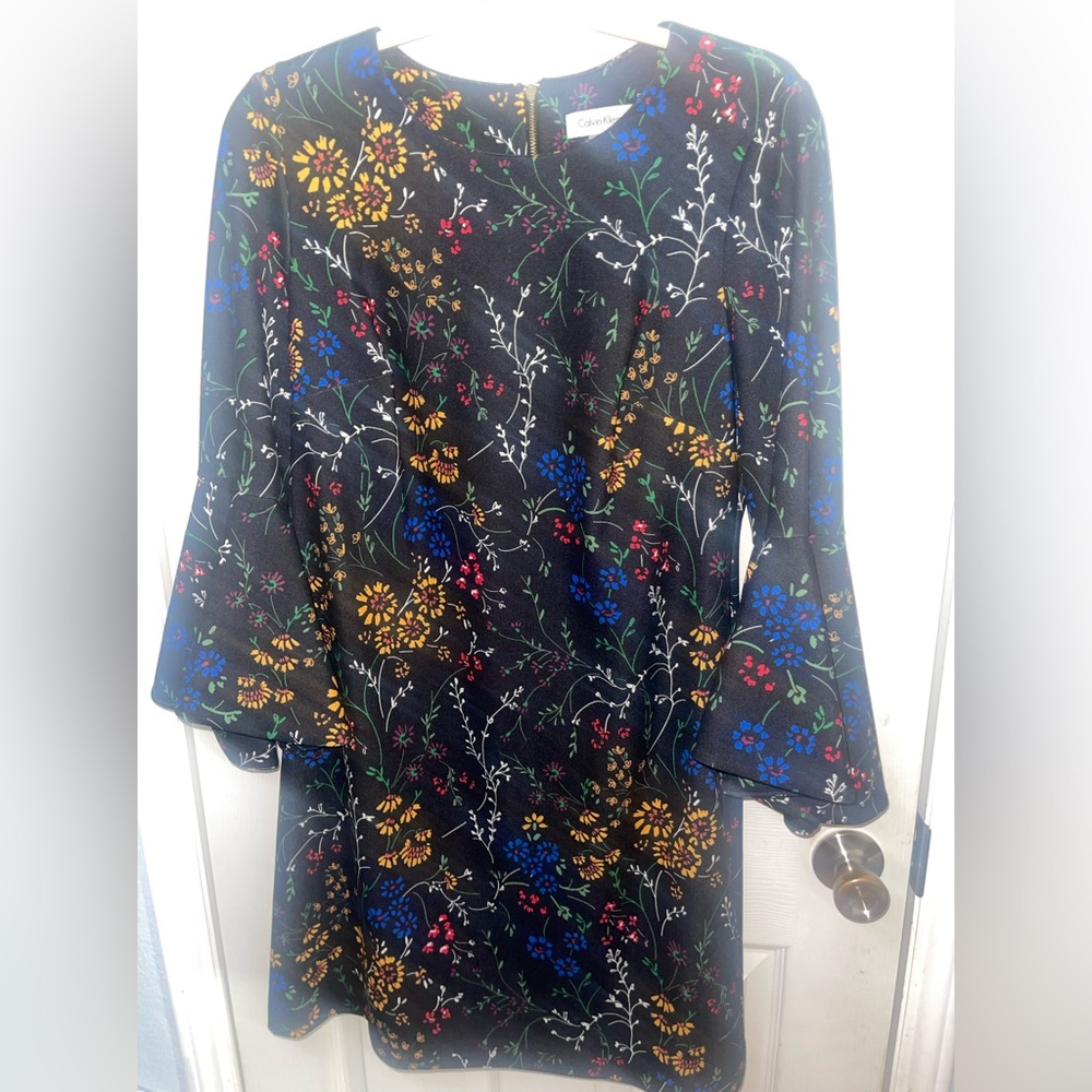 Calvin Klein knee length black/floral dress, size 12